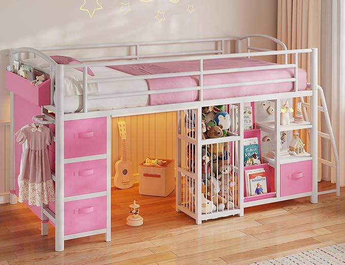 Low Loft Bed Twin Size with 4 Storage Drawers and LED Lights, Twin Loft Bed with Sling Bookcase & Toy Storage, Kids Twin Beds with Anti-Collision Pad & Play Curtain, Under-Bed Play Space, Pink+White