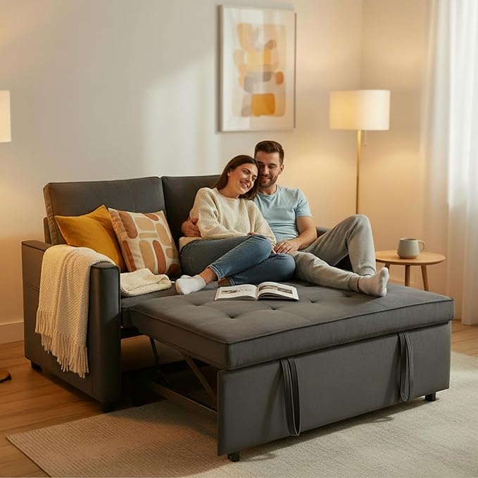 Sofa Bed, Pull Out Couch with Side Pockets, 3 in 1 Velvet Fabric Loveseat Sleeper Sofa Bed, Pull Out Couch with Adjustable Backrest for Living Room, Bedroom, Apartment, Gray, 53 Inch
