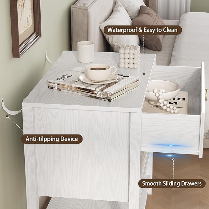 Xixini Nightstand wih 2 Drawers & Open Shelf, 27" Wide Rattan Boho Bedside Table with Brass Knobs, Small Mid Century Modern Night Stand, Wooden End Side Table for Bedroom, Living Room, Closet, White