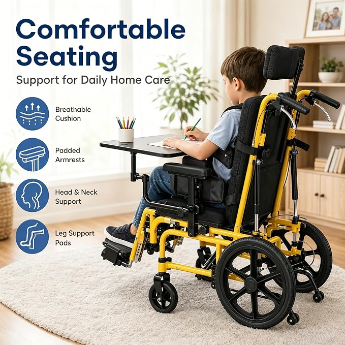 Pediatric Full Reclining Wheelchair - Heavy Duty 220 lbs Capacity Folding Kids Wheelchair with Elevating Footrest, Headrest & Meal Tray, Portable Mobility Aid for Children with Special Needs (Yellow)