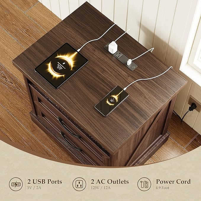 AODK 24 Inch Farmhouse Nightstand Set of 2, Bedside Tables with Charging Station, Wood End Tables with 2 Drawers and Open Shelf, Rustic Bed Side Table for Bedroom & Living Room, Dark Walnut