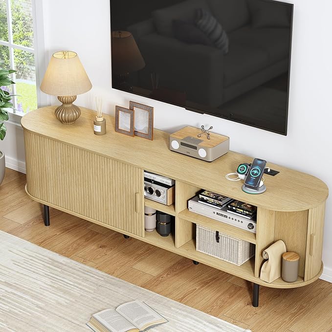 70.8" TV Stand with Power Outlet, Mid-Century Modern Television Stand, Fluted Media Console with Sliding Doors, Entertainment Center for TVs up to 60 Inch, Adjustable Shelves, Oak