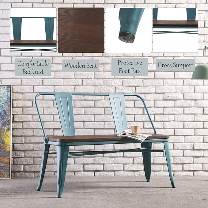 YOLENY Dining Bench, Entryway Bench with Back, Farmhouse Metal Dining Bench, Industrial Mid-Century 3 Person Rustic Spindle Bench, with Wood Seat, Removable Backrest, 42in, Blue