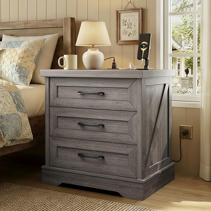 AODK 24 Inch Farmhouse Nightstands with Charging Station, Wood Bedside Tables with Three Drawers, Bed Side Table with Storage, Rustic End Tables with Outlet and USB for Bedroom, Living Room, Oak Grey