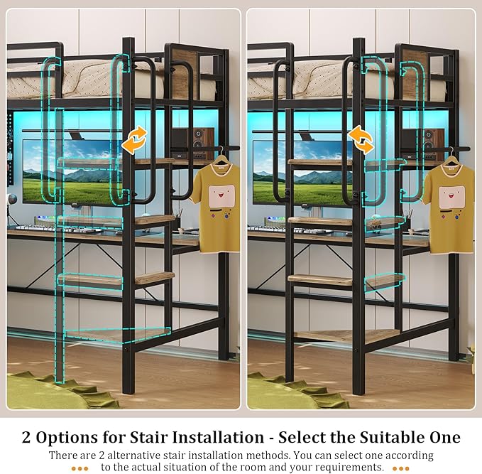 busyaeh Loft Bed Twin Size,Loft Bed with Desk & RGB LED Lights and Charging Station,Bunk Bed with Desk and 5 Storage Drawer Cabinets and 2 Open Shelves,Twin Loft Bed No Box Spring Needed,Oak Gray