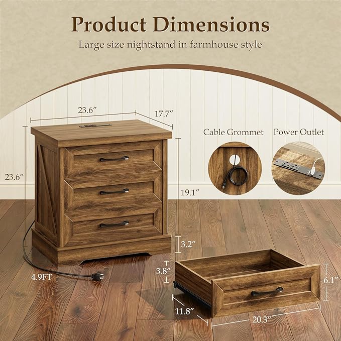 AODK 24 Inch Farmhouse Nightstands with Charging Station, Bedside Tables with Three Drawers, Bed Side Table with Storage, Rustic End Tables with Outlet and USB for Bedroom, Living Room, Light Walnut