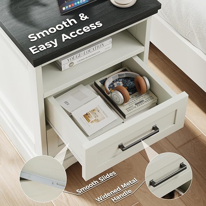 DUMOS Nightstand with Charging Station, Wood Farmhouse Bedside Table with 2 Drawers and Open Shelf, Wood End Table, Modern Side Table for Bedroom, White