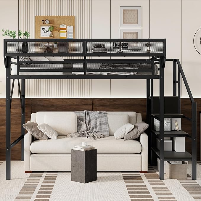 KEIKI Twin XL Size Metal Loft Bed Frame with Convertible Staircase, Built-in Storage Shelves & Wardrobe, Loft Bed with Solid Slat & Guardrail, No Box Spring Required, Easy Assembly, for Bedroom, Black