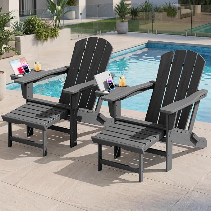 KINGYES Folding Adjustable Adirondack Chair with Ottoman & 2 Cup Holders Set of 2, HDPE Adirondack Recliner Chair with Footrest, Grey