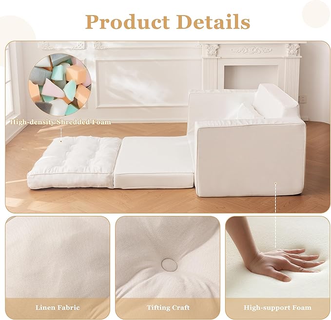 YOSHOOT Loveseat Boneless Couch,55" Convertible Sofa Bed Futon Couches for Living Room,3-in-1 Pull Out Floor Couch with Backrest and Pillows, White