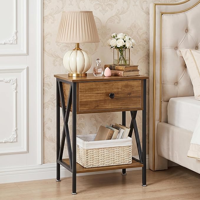 VECELO Nightstands Set of 2, Modern Bedside End Tables, Night Stands with Drawer and Storage Shelf for Living Room Bedroom, Industrial Metal Frame