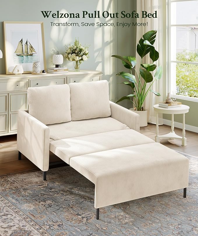 Welzona 47.2" Convertible Sofa Bed Couch, Comfy Corduroy Loveseat Sleeper Sofa, 620lbs Capacity Couch Bed, Easy Setup Love Seat Sleeper Bed 2 Pillows, Small Couches for Living Room/Office, Beige White