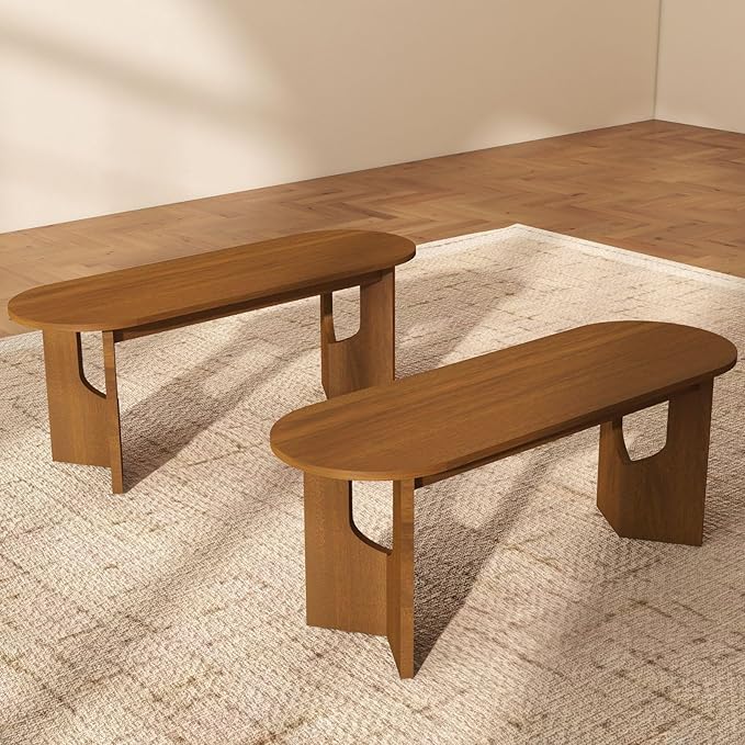 VESCASA 63" L Oval Dining Table with 47.25" L Benches Set, Walnut Wood Kitchen Table with Wooden Legs Bench, Kitchen Set for Dining Room, Restaurant, 1 Table with 2 Benches