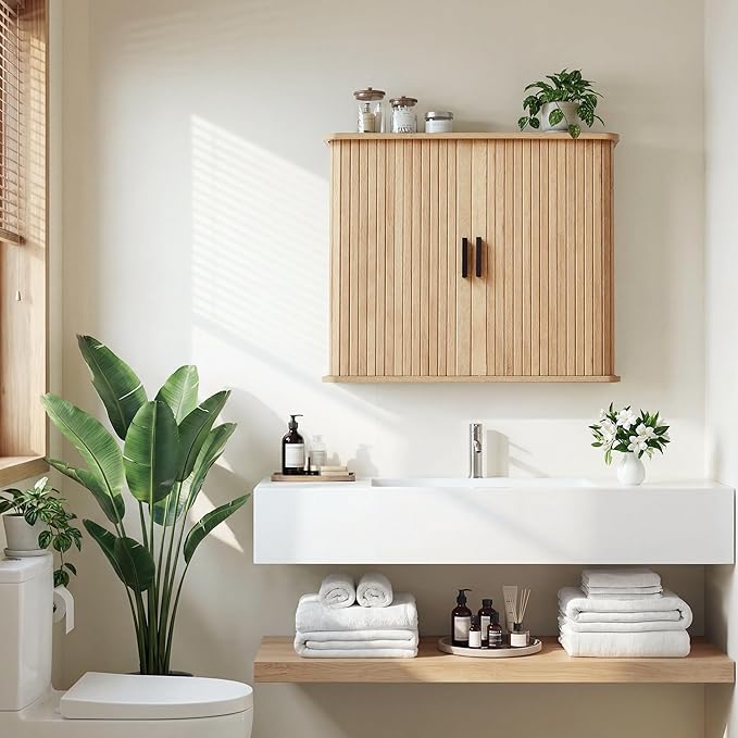 weselon Fluted Wall Mounted Bathroom Cabinet with Sliding Doors, Medicine Cabinet Storage for Over the Toilet, Space Saver Organizer for Small Bathroom Laundry Kitchen (Natural)
