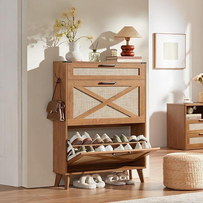 LEYAOYAO Shoe Cabinet Storage for Entryway with 2 Flip Drawers Rack Narrow Organizer Slim Hidden Wood Shoe Cabinet Furniture Tea Brown