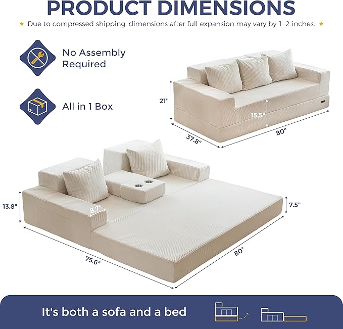 MAXYOYO Convertible Sofa Bed, 80" Oversized Boneless Loveseat Couch 4 in 1 Foldable Floor Sofa Couch in A Box with 2 Cup Holders, Folding Sleeper Chair for Living Room, No Assembly Required, Beige
