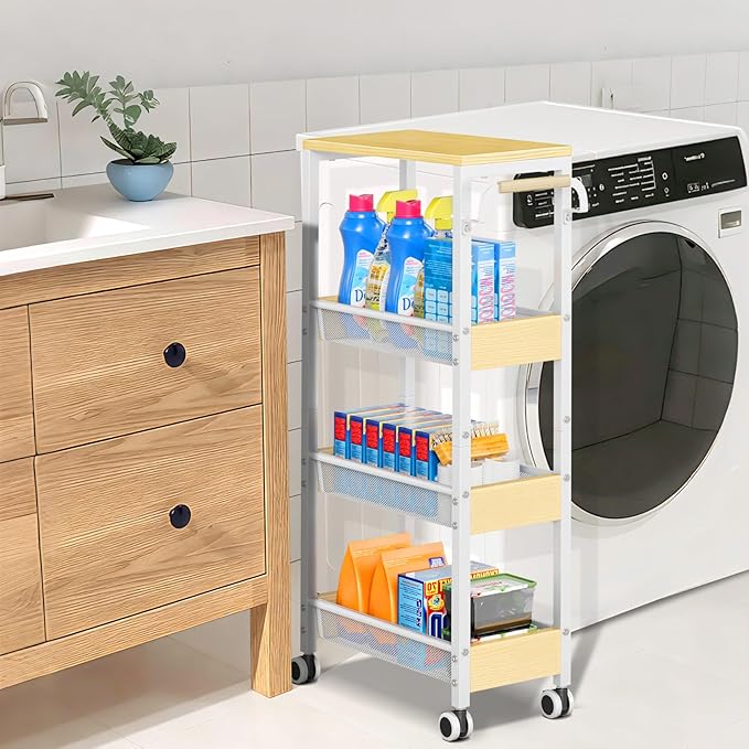 Utility Slim Storage Cart with Wheels, 4 Tier Slim Rolling Cart, Slim Rolling cart for Kitchen,Small Rolling Cart with Wood Top, Skinny Metal Organization Trolley Laundry with Handle for Small Space