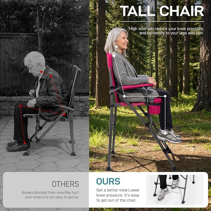 EVER ADVANCED Textilene Mesh Tall Camping Folding Chair 31", Portable Directors Chair, Bar Height Camping Chair with Carry Bag and Footrest, Armrest, Heavy Duty Supports 300 Lbs Pink