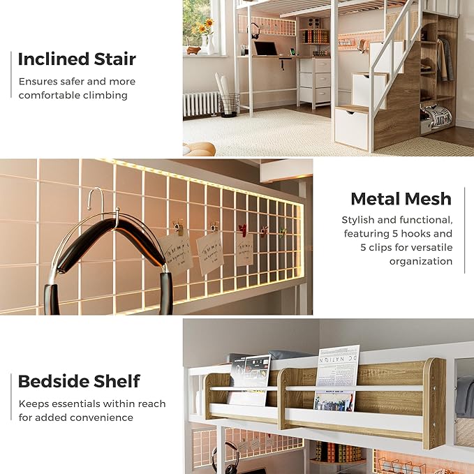 Kikihouse Full Size Loft Bed with Desk and Stairs, Headboard, Wardrobe, Bedside Storage Shelf, 6 Drawers, Charging Station & LED Light, Metal Gaming Loft Bed Frame for Adult Space-Saving