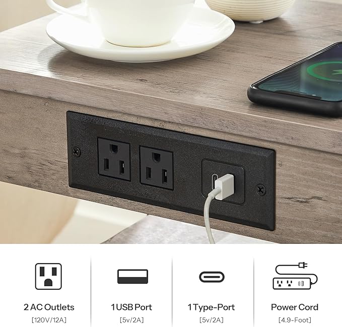 HOOBRO Side Table with Charging Station and USB Port, Small End Table for Small Space, 3-Tier Nightstand with Adjustable Shelf, for Living Room, Bedroom, Greige and Black BG112BZ01