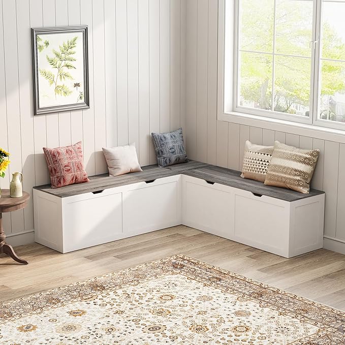 L Shape Kitchen Breakfast Nook Bench, Kitchen Corner Nook Bench Seating with Hidden Storage, Corner Dining Bench for Entryway. (Gray + White)
