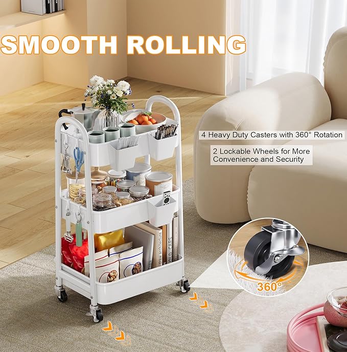 3 Tier Rolling Cart Metal with Wheels, Heavy Duty White Three Tiered Craft Cart Organizer on Wheels, Utility Roller Storage Carts for Art, Baby Nursery, Diaper Caddy, Snack,Book,Nail,Cleaning Supplies