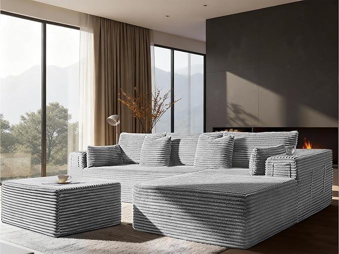 108" Oversized Cloud Sectional Couch, Comfort U Shaped Boneless Couch for Living Room, Extra Deep Seats No Assembly, Modular Sofa, Corduroy (Light Grey, 2 Seater+Right Facing Chaise+Ottoman)