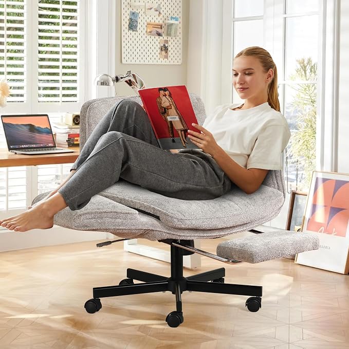 Criss Cross Chair with Footrest & 5 Level Folding Arms Full Relaxation, Wide Cross Legged Office Chair for Home Office, Comfy Swivel Desk Chair with Ottoman, Chenille Vanity Chair (Grey)