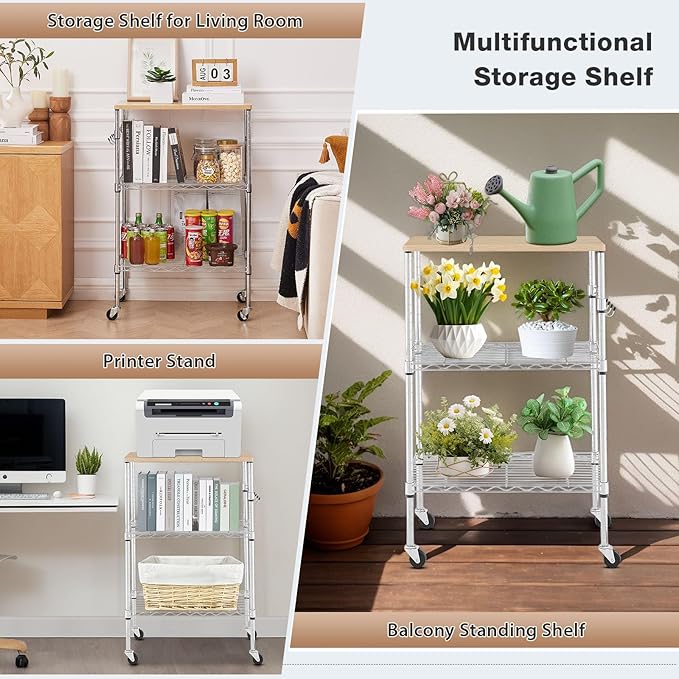 BolDuck 450Lbs Capacity Microwave Cart with Wheels, 3 Tier Rolling Cart with Adjustable Shelves, Multifunctional Metal Utility Storage Kitchen Carts on Wheels, 23.6" L*15.7" W*37" H, Wood+Chrome