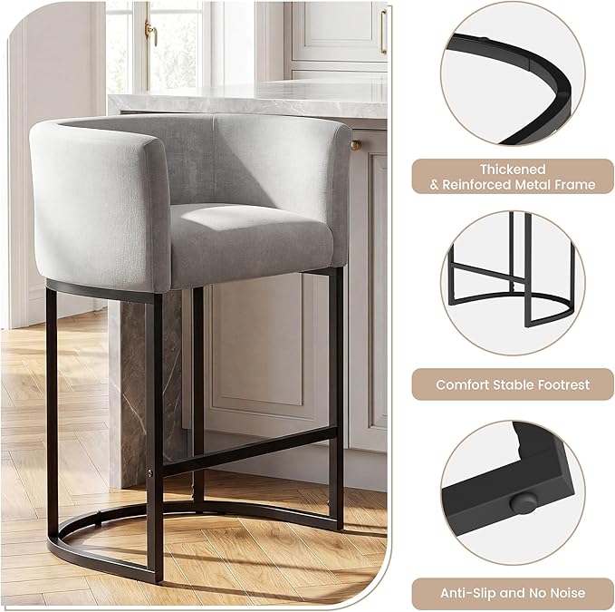 GRUSIGN Chenille Counter Height Bar Stools Set of 4, 26" Kitchen Island Stools with Arms & Footrest, Upholstered Barrel Back Bar Chairs for Kitchen， Dining Room, Bar & Lounge Area, 450 lbs, Grey