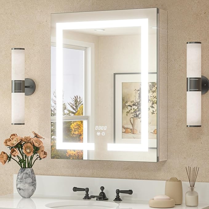 TETOTE LED Lighted Medicine Cabinet Mirror for Bathroom 20 x 26 Tempered Glass Recessed or Wall Mounted Cabinet with Storage & Outlets & USB, 3-Color Dimming Led Lights, Defogger, Adjustable Shelve