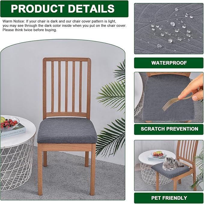 CRFATOP Waterproof Seat Covers for Dining Room Chairs Set of 4 with Stretch Bench Slipcover Jacquard Kitchen Chair Slipcover Washable Seat Cushion Slipcover for Hotel Banquet Wedding Party, Dark Grey