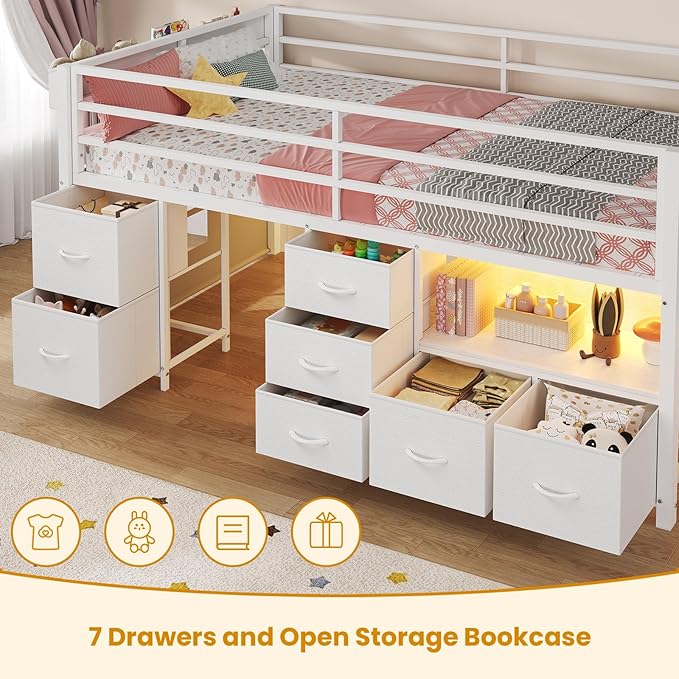 ADORNEVE Low Loft Bed Twin Size with 7 Storage Drawers, Bookcase and LED Lights, Metal Kids Loft Bed with 14" H Safety Guardrail,Inclined Ladder and Play Curtain, Under-Bed Play Space, White