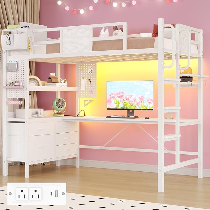 BYSAUD Twin Loft Bed with Desk and Storage, Metal Bunk Bed with 5 Drawers and 2 Pegboards, Heavy Duty Loft Bed Twin Size with LED Lights and Charging Station for Teens Adults, Noise Free, White