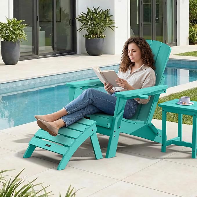 Adirondack Ottoman Footrest for Adirondack Chair, All-Weather HDPE Outdoor Foot Stool, Folding Patio Ottoman for Lawn, Garden, Deck, Backyard, Lake Blue