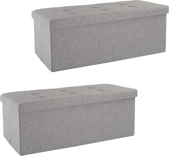 Lavish Home Folding Storage Ottoman - Set of 2 30-Inch Tufted Footrest, Linen Chest, or Bench with Removable Bin for Living Room, Bedroom, or Dorm (Light Gray)