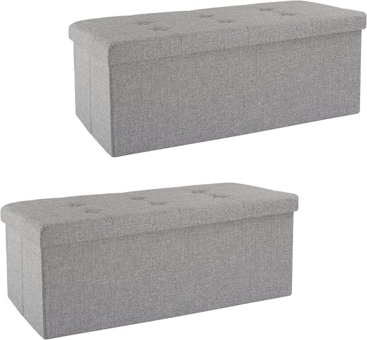 Lavish Home Folding Storage Ottoman - Set of 2 30-Inch Tufted Footrest, Linen Chest, or Bench with Removable Bin for Living Room, Bedroom, or Dorm (Light Gray)