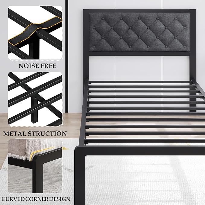 HISOFT Queen Bed Frame with Upholstered Button Tufted Headboard, Bed Frame Platform Metal Slats Support, Under Bed Storage, No Box Spring Needed, Noise-Free, Easy Assembly, Grey