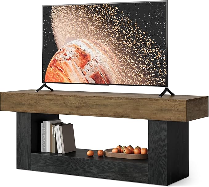 LITTLE TREE 63 Inches Long TV Stand for TVs Up to 70 Inches, Modern Television Stand for Living Room, Entertainment Center with U-Shaped Pedestal & Open Storage Shelf, Media TV Console, Brown & Black