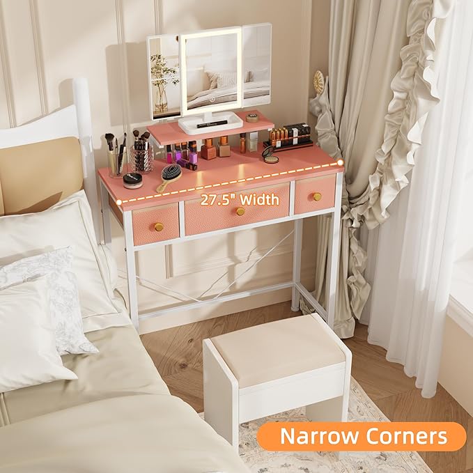 HIGDBFE Small Makeup Vanity Desk 27.5''W with Mirror and Lights, Vanity Desk with 3 Fabric Drawers and Height-Adjustable Stand, Vanity Table for Girls Gifts, Bedroom and Small Spaces, Pink