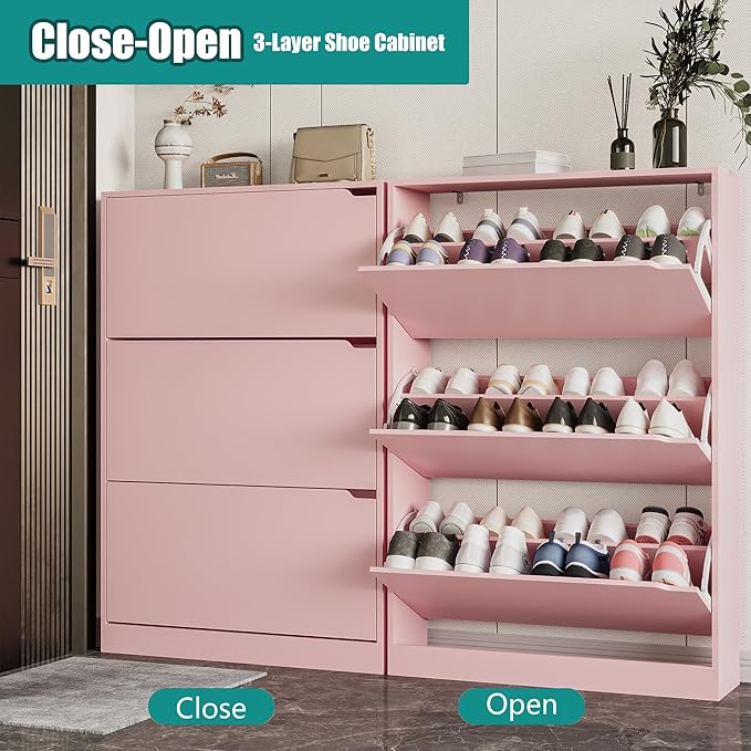 Xixini Shoe Storage Cabinet for Entryway with 3 Flip Drawers, Sturdy Wood Hidden Shoe Storage, Freestanding Narrow Slim Shoe Organizer for Front Door Entrance, Living Room, Hallway, Bedroom, Pink