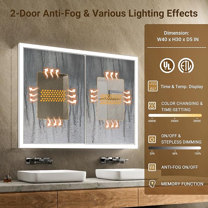 40x30 Recessed or Surface Lighted Medicine Cabinet with Mirror & Clock, Fogless Aluminum Medicine Cabinet with Dimmable Light & Outlet, Anti-fog, Built-in Sensing Light & 3 Adjustable Shelves