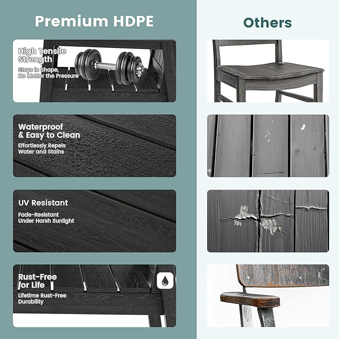 Pamapic 5-Piece Outdoor Dining Set, HDPE Outdoor Rectangular Table and 4 Chairs, Wood Grain Patio Furniture Sets with Armrest, All-Weather Patio Dining Table with Umbrella Hole, Black