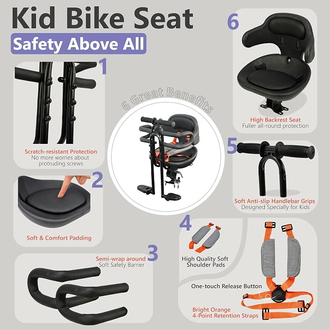 Kids Bike Seat with Guardrail and Thick Soft Padding, Front Mounted Child Bicycle Seat with Foldable Footrests for 0-3 Years Toddlers Bike Seat for MTB