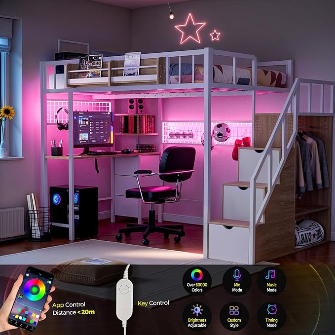 Kikihouse Twin Loft Bed with Desk, Storage Stairs & Wardrobe, Metal Loft Bed Frame w/Headboard, Bedside Shelf, Charging Station & 6 Drawers, LED Gaming Bed for Adult Space-Saving