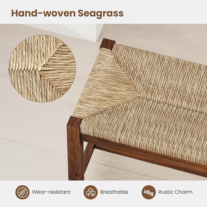 Giantex 40" Dining Bench with Woven Seagrass Woven Seat, Rubber Wood Legs, 350 Lbs Capacity, 40" x 14" x 18" Entryway Bench for End of Bed, Dining Room, Hallway, Living Room, Bedroom, Entry (2)