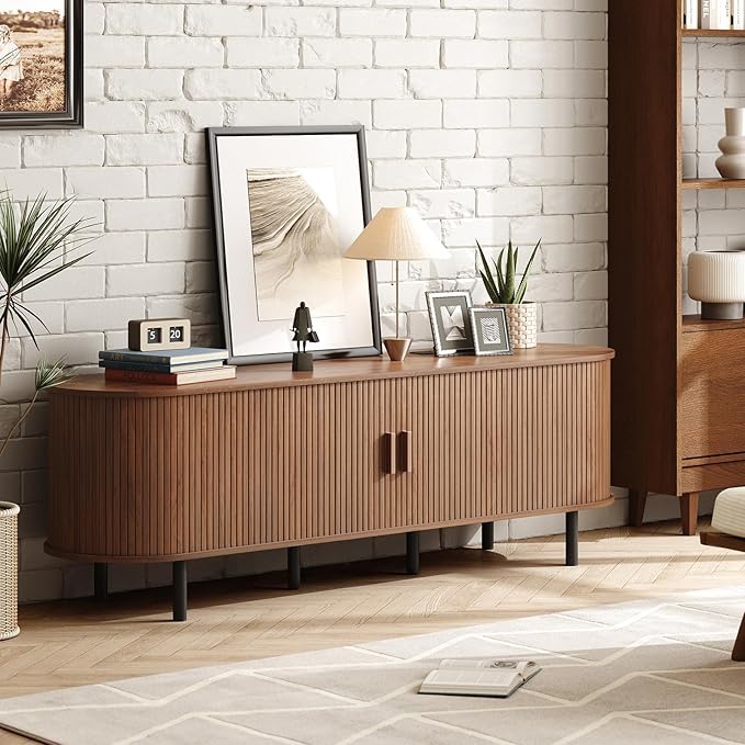 ONBRILL 70.8" TV Stand with Power Outlet for TVs up to 75 Inch, Entertainment Center with Storage and Adjustable Shelves, Modern Media Console with Sliding Doors for Living Room, Walnut
