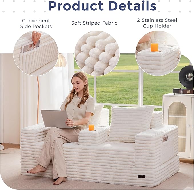 MAXYOYO Loveseat Sofa Bed, Striped Faux Fur Foldable Floor Sofa Couch in A Box, 4 in 1 Convertible Boneless Couch with 2 Cup Holders, Folding Recliner Sleeper Chair, No Assembly Required, Creamy