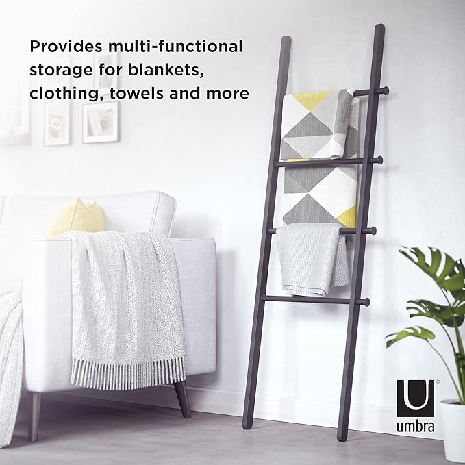 Umbra Leana Decorative Ladder, Expandable Blanket Rack, Bathroom Towel Holder, and Clothes Organizer, Regular, Black