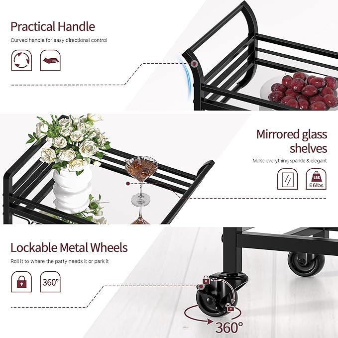 Black Small Bar Cart with 3-Tier Mirrored Shelf, Glass Holders for Kitchen, Dining Room, Living Room - Drink Cart on Wheels with Wine Glass Rack